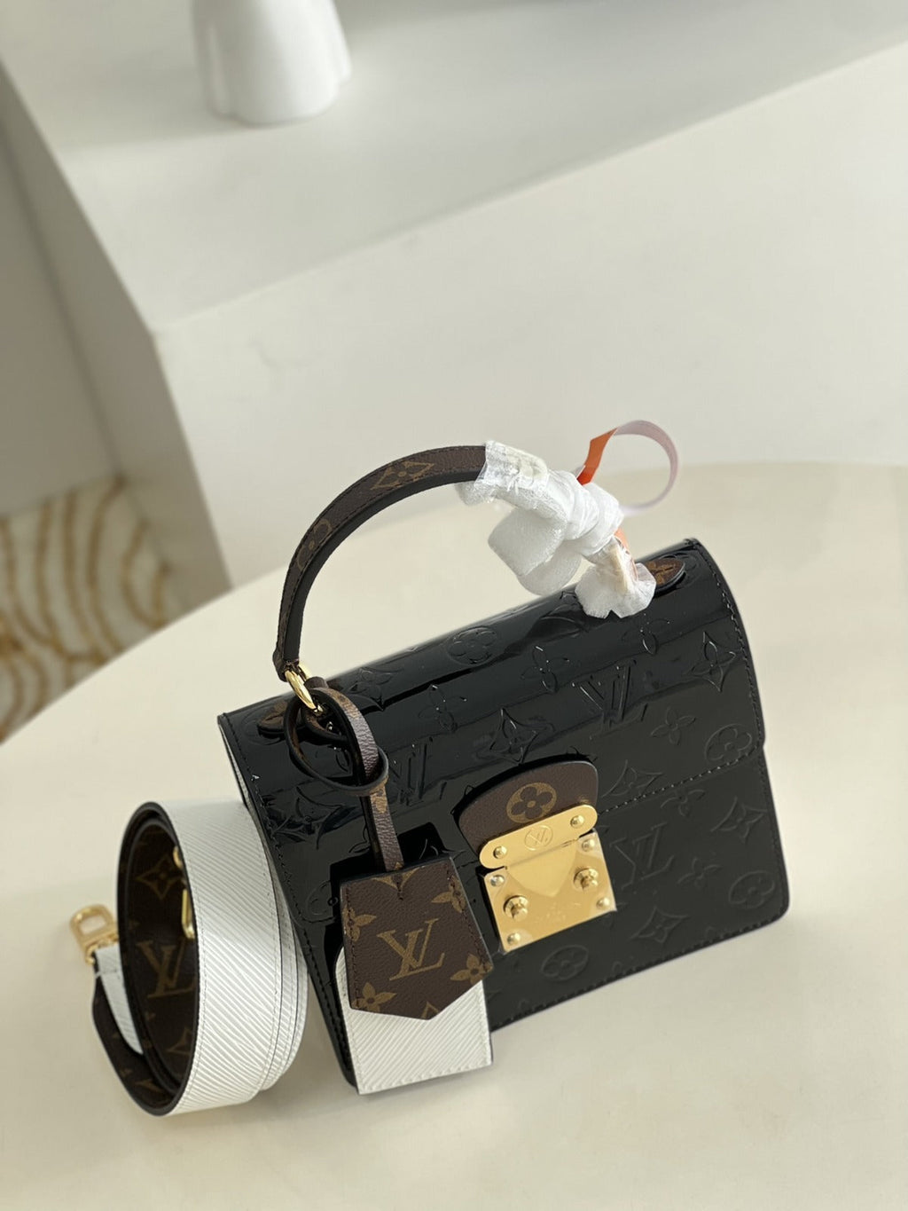 LV Spring Street NM Monogram Vernis Leather Handle Crossbody Bag with Top Handle and Removable Strap